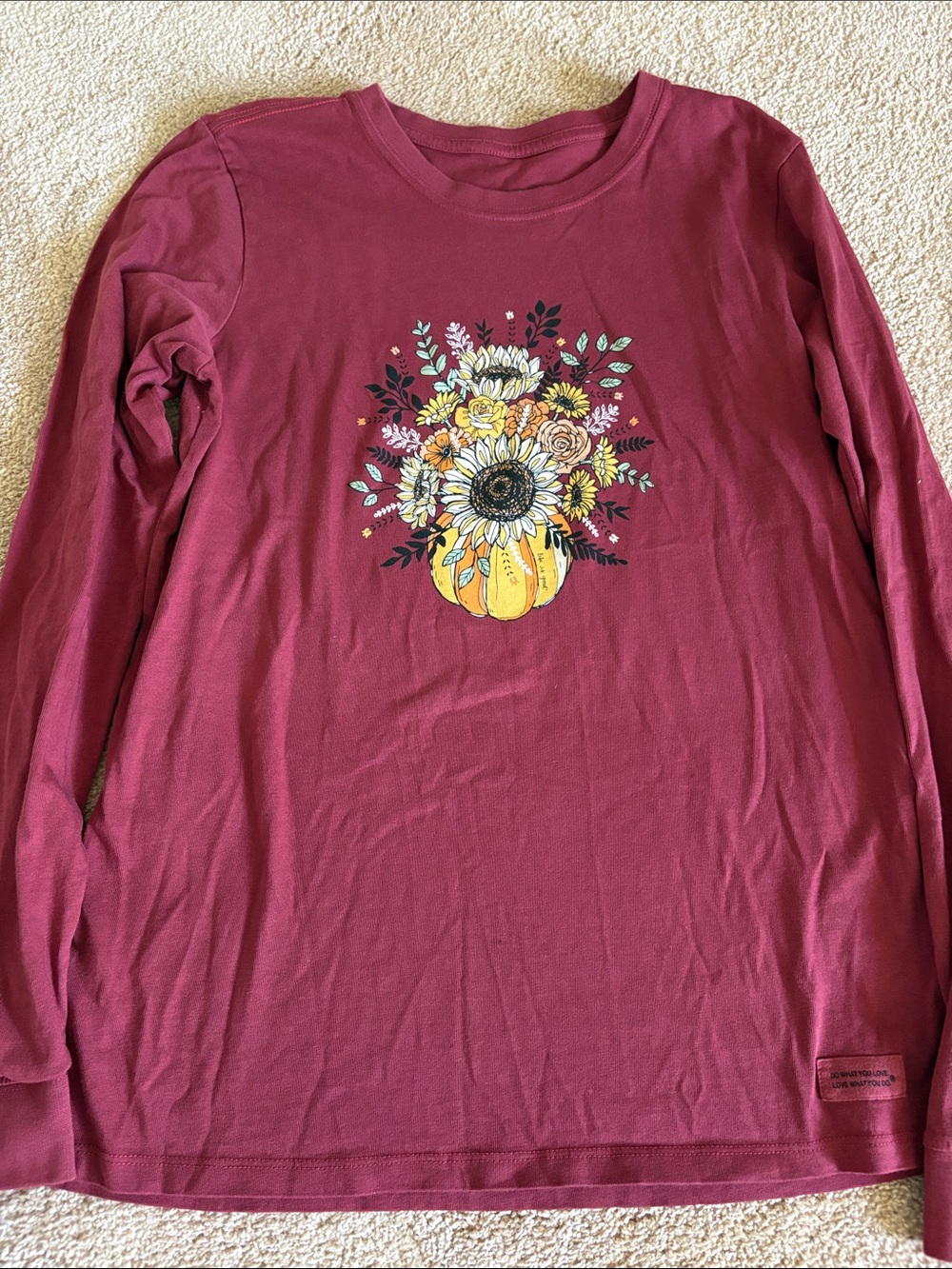 Life Is Good Burgundy Long-Sleeve Tee with Floral Pumpkin Graphic